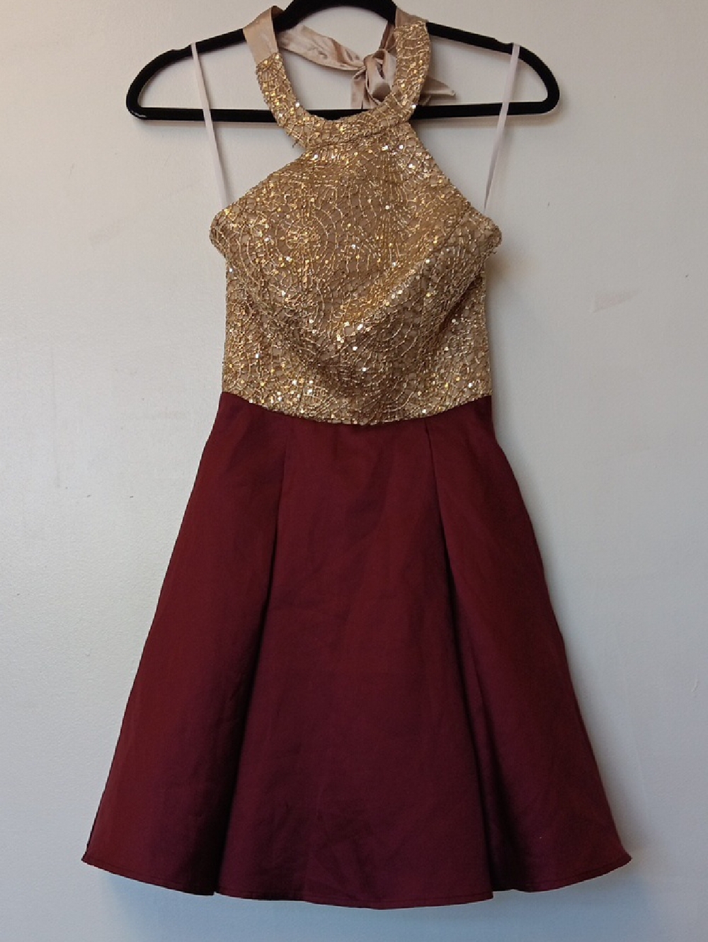 Vintage B Darling Maroon and Gold Lined Dress with Embellished Detail